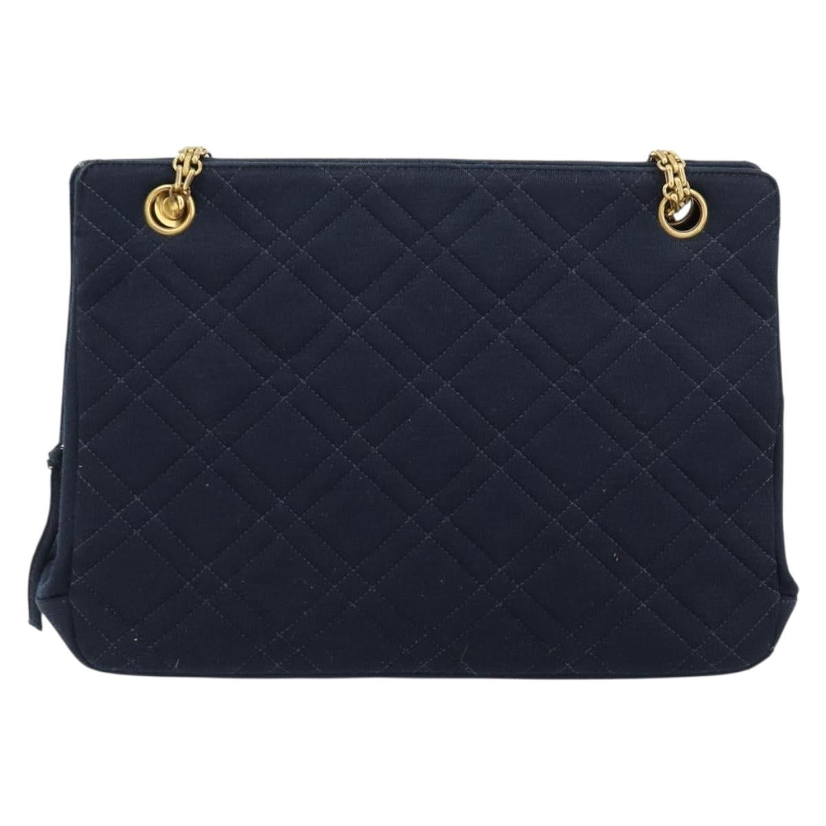 CHANEL Chain Shoulder Bag Cotton Navy Gold CC Auth 180590