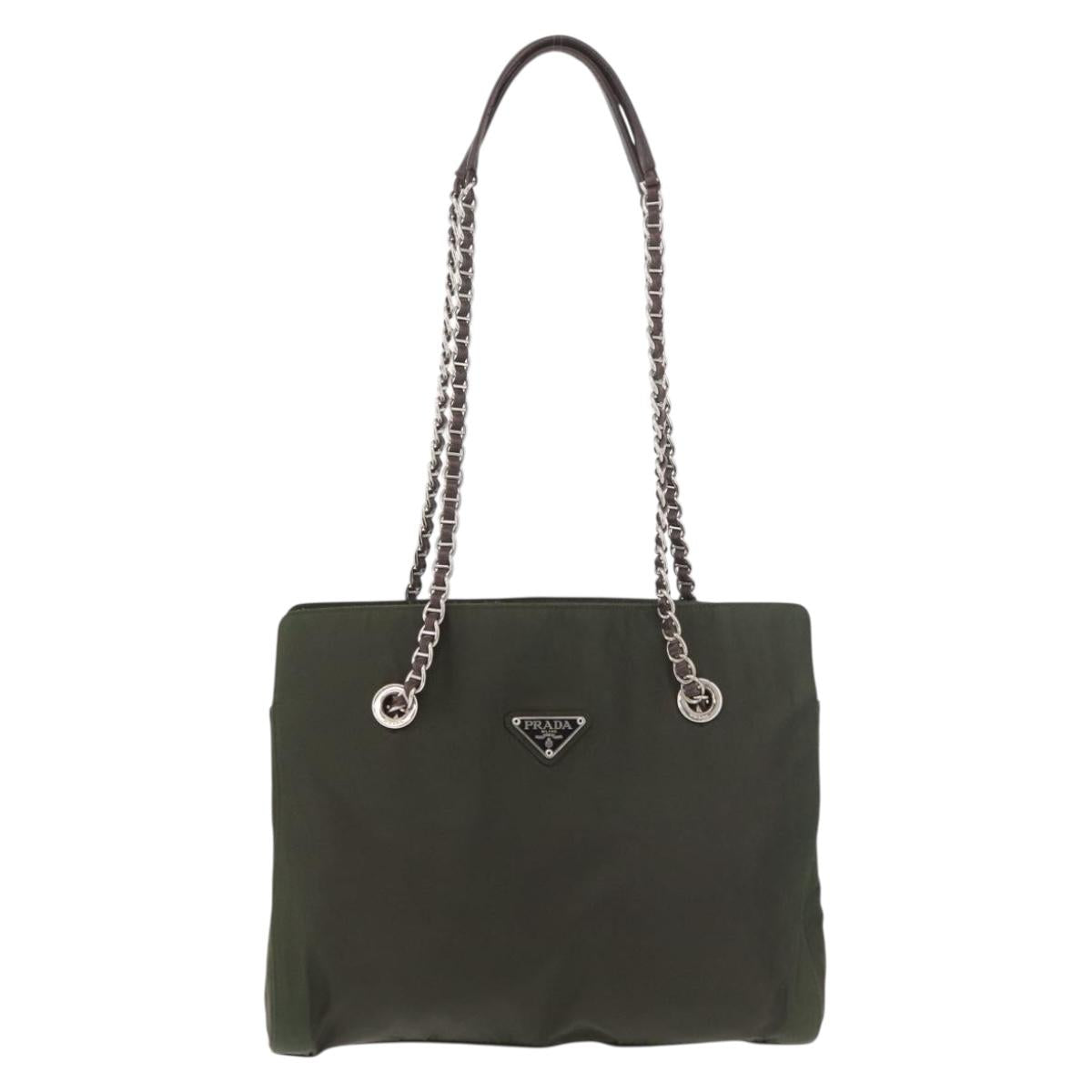 PRADA Chain Tote Bag Nylon Khaki Silver Auth 180596