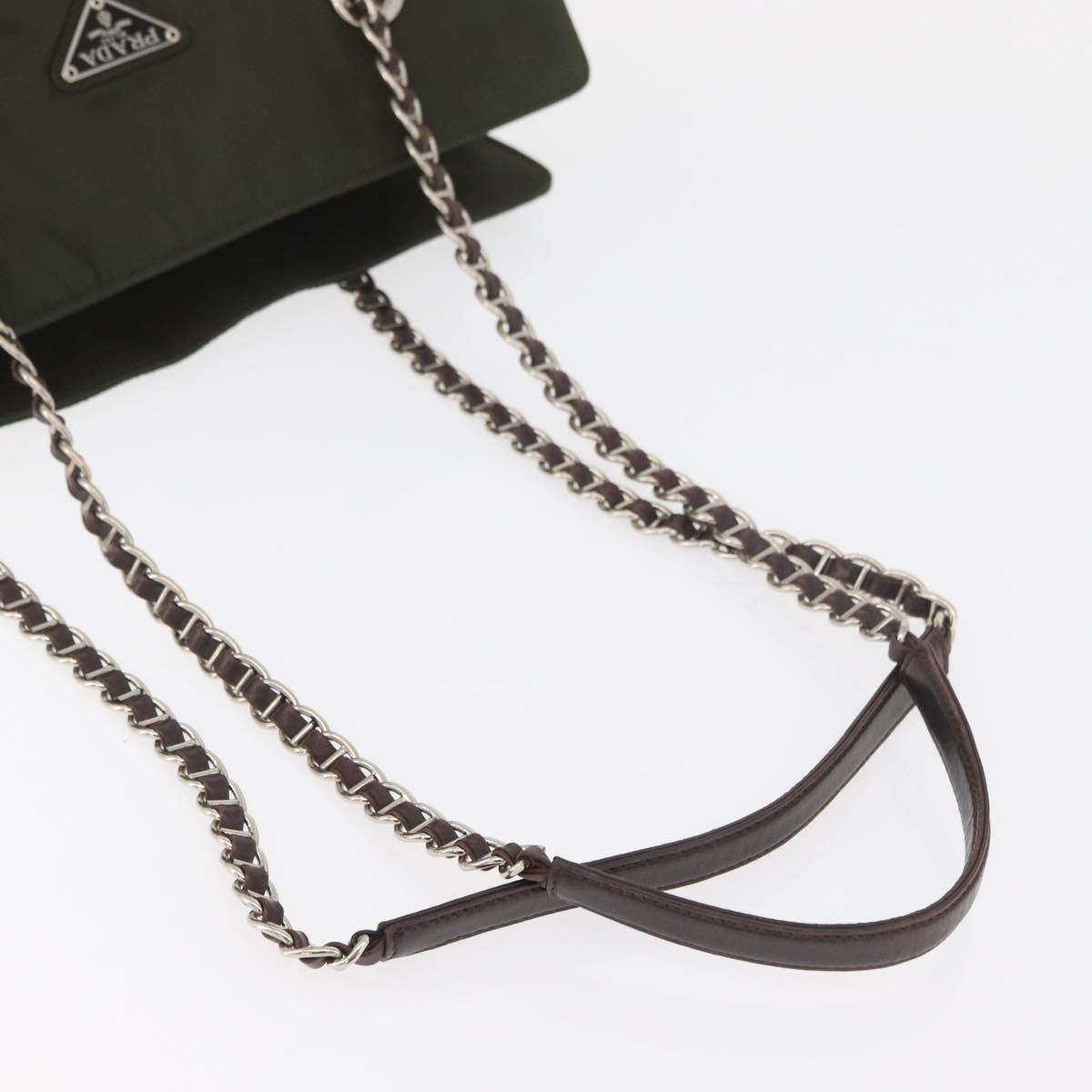 PRADA Chain Tote Bag Nylon Khaki Silver Auth 180596