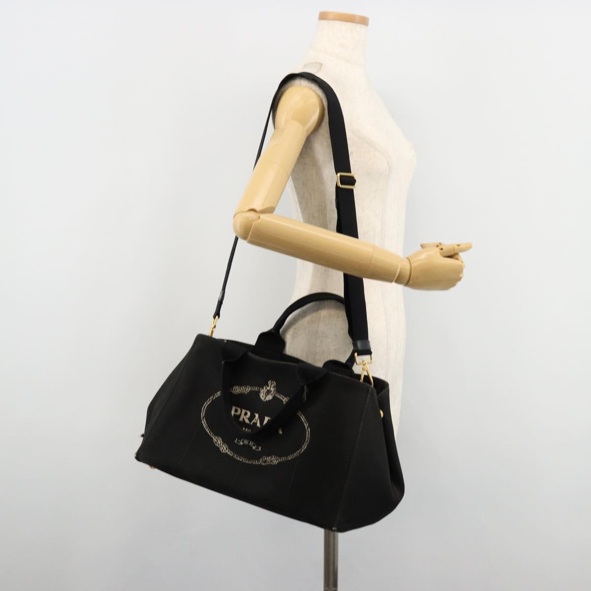 PRADA Canapa MM Hand Bag Canvas 2way Black Gold Auth 180606