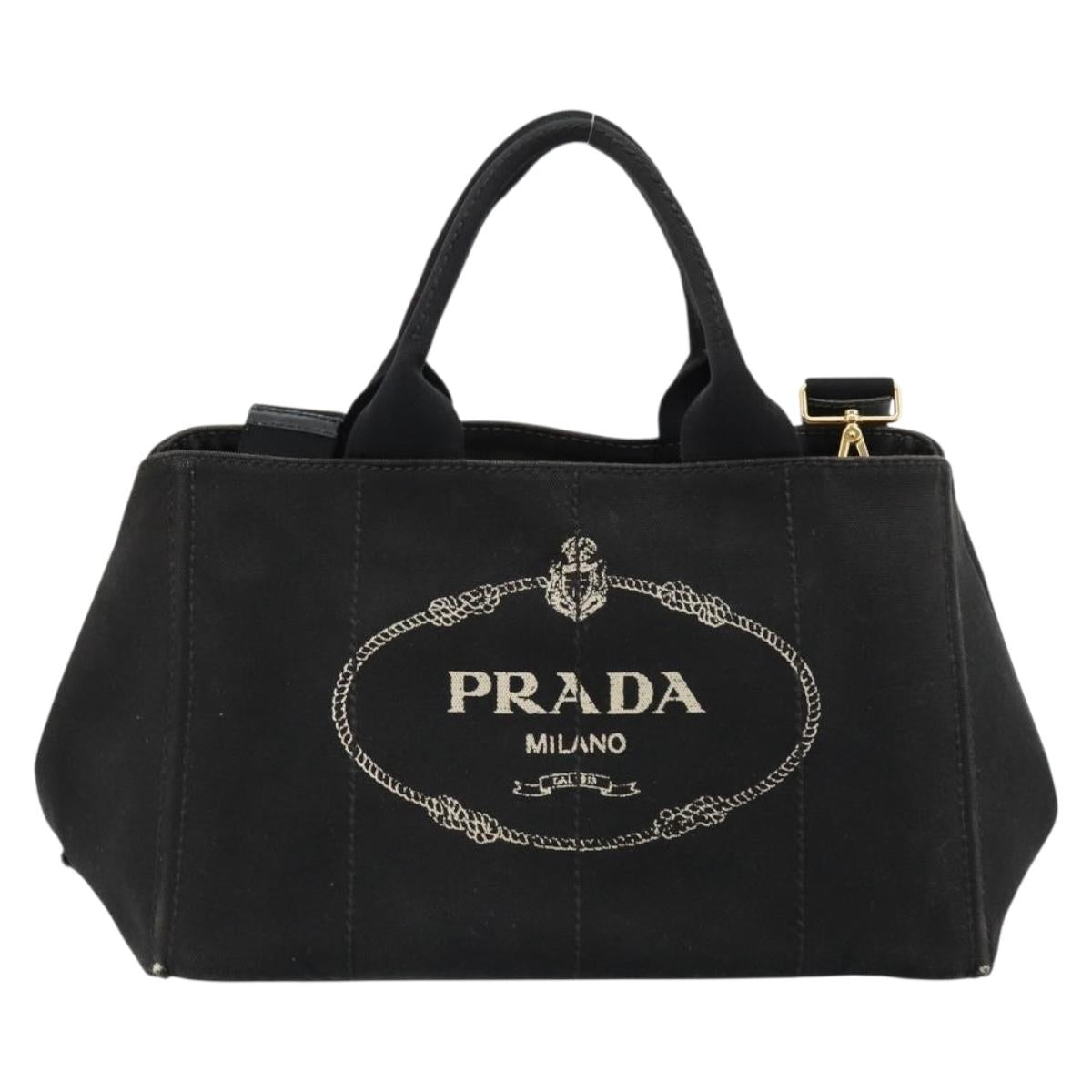 PRADA Canapa MM Hand Bag Canvas 2way Black Gold Auth 180606