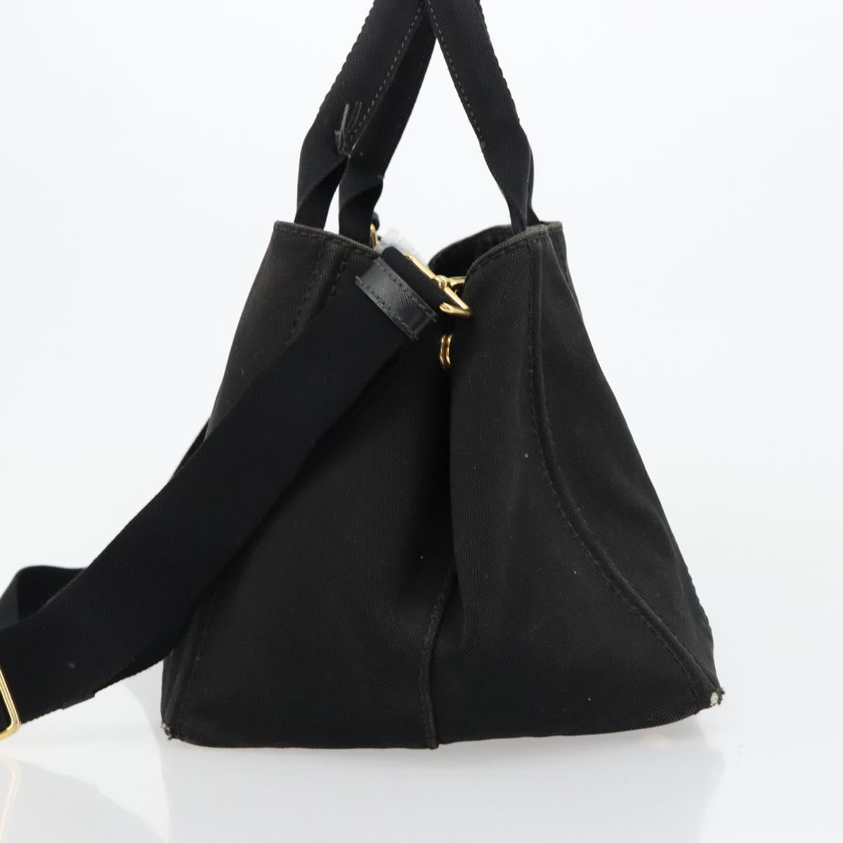 PRADA Canapa MM Hand Bag Canvas 2way Black Gold Auth 180606