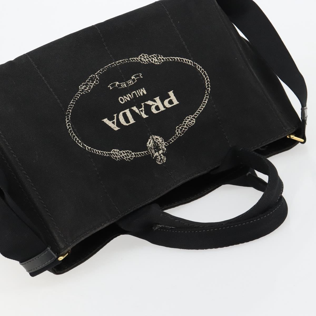 PRADA Canapa MM Hand Bag Canvas 2way Black Gold Auth 180606