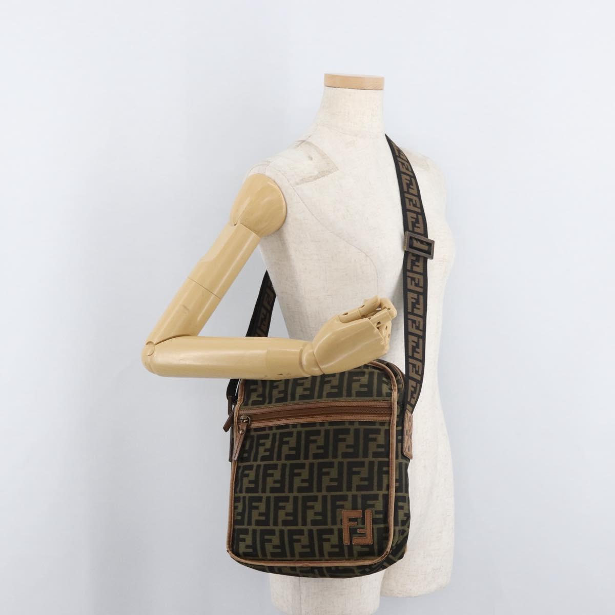 FENDI Zucca Canvas Shoulder Bag Black Brown Auth 180611
