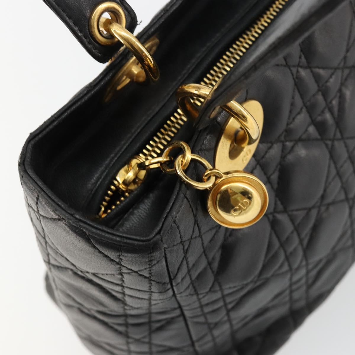 Christian Dior Canage Hand Bag Lamb Skin Black Gold Auth 180616A