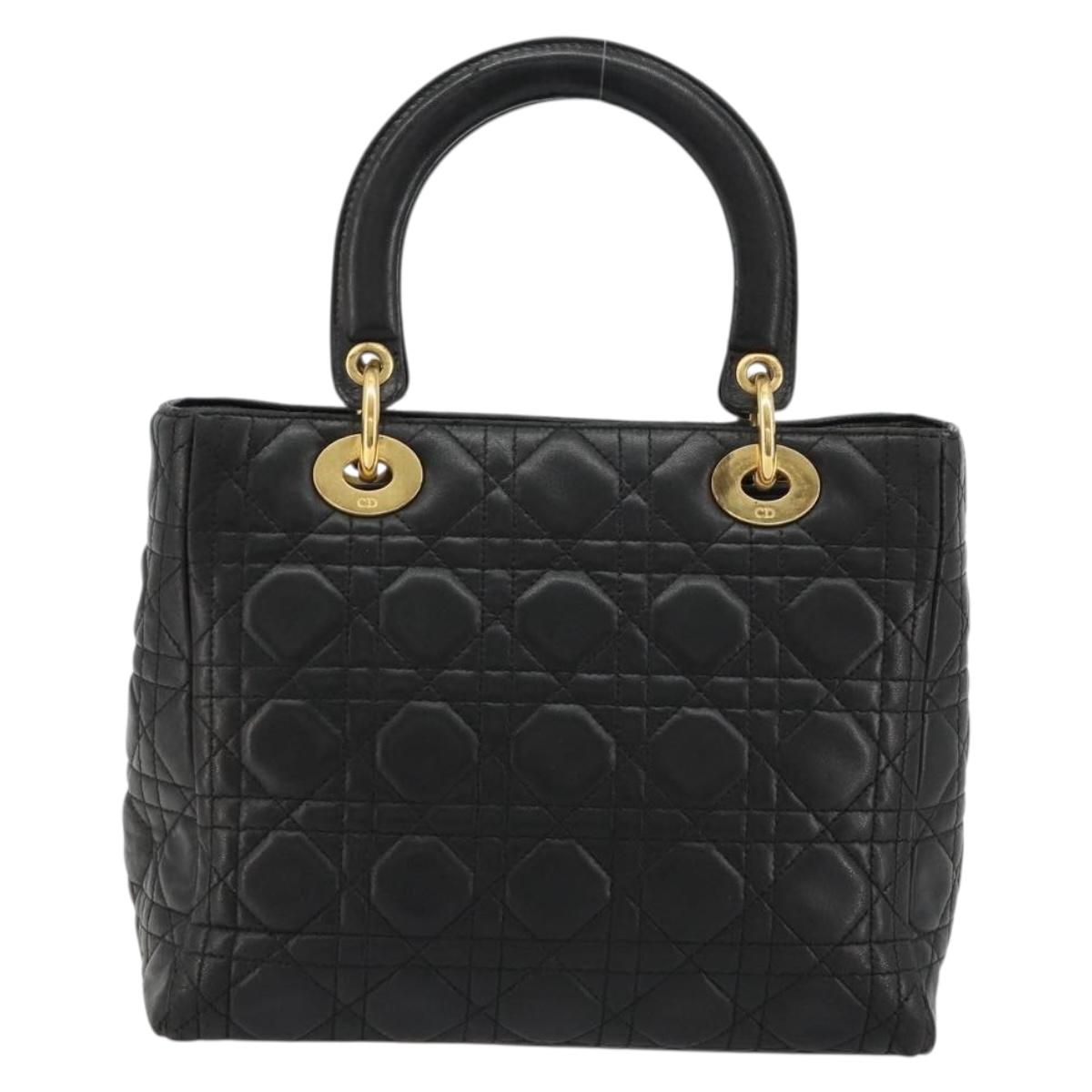 Christian Dior Canage Hand Bag Lamb Skin Black Gold Auth 180616A