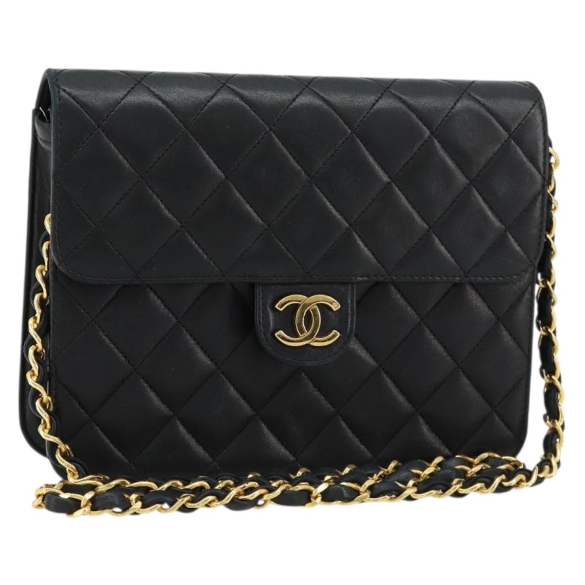 CHANEL Matelasse Chain Shoulder Bag Lamb Skin Black Gold CC Auth 180617