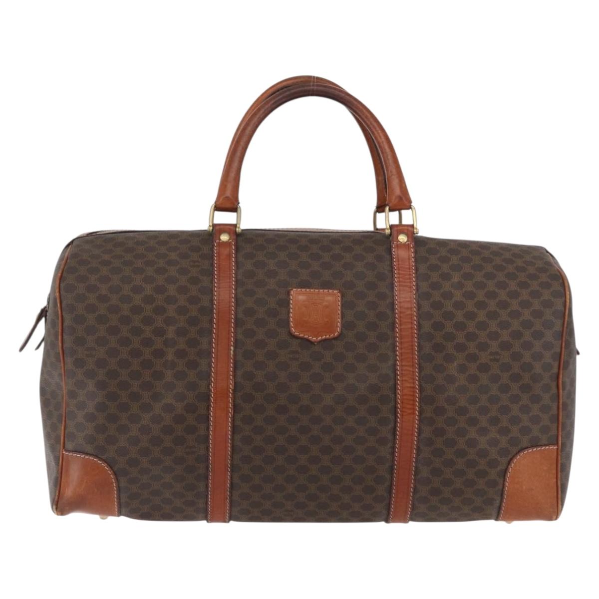 CELINE Macadam Canvas Boston Bag PVC Leather Brown Gold Auth 180637