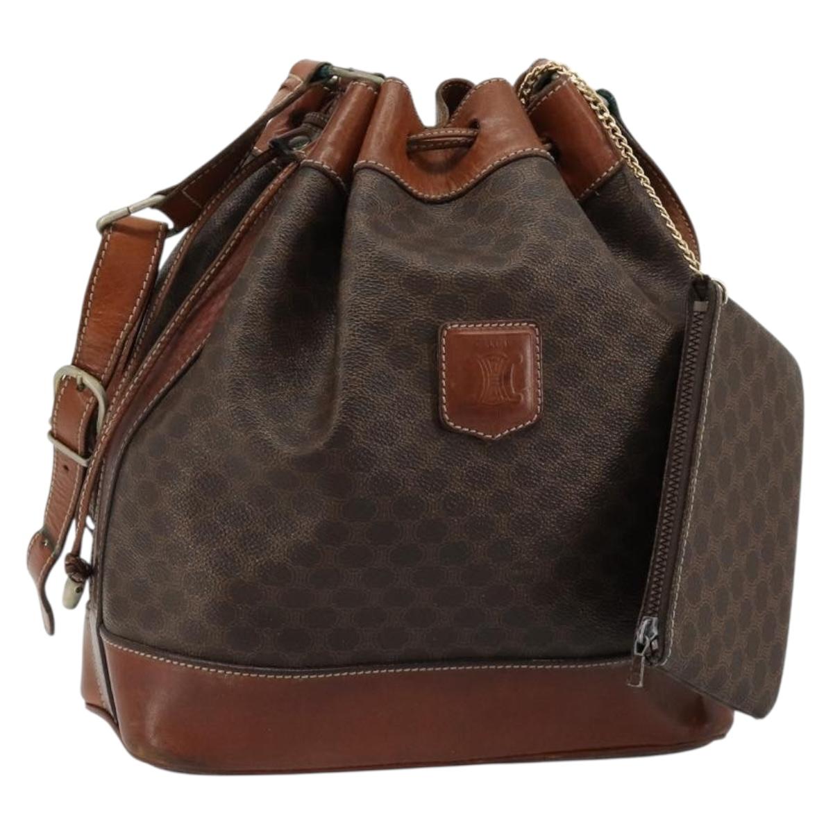 CELINE Macadam Canvas Purse Shoulder Bag PVC Leather Brown Gold Auth 180641