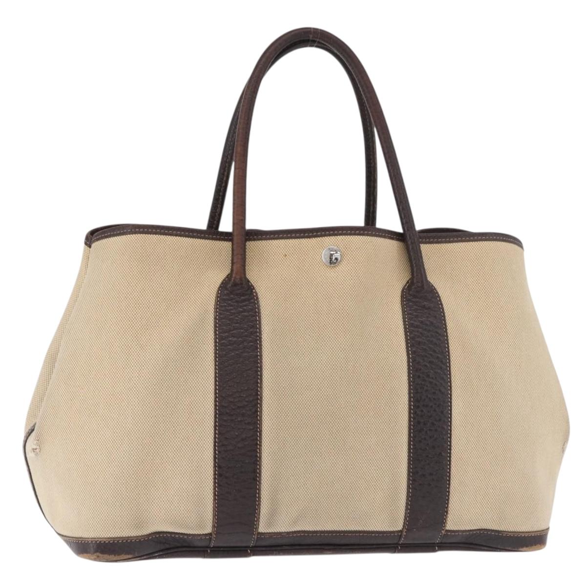 HERMES Tower Ash Garden Party MM Hand Bag Canvas Beige Silver Auth 180653