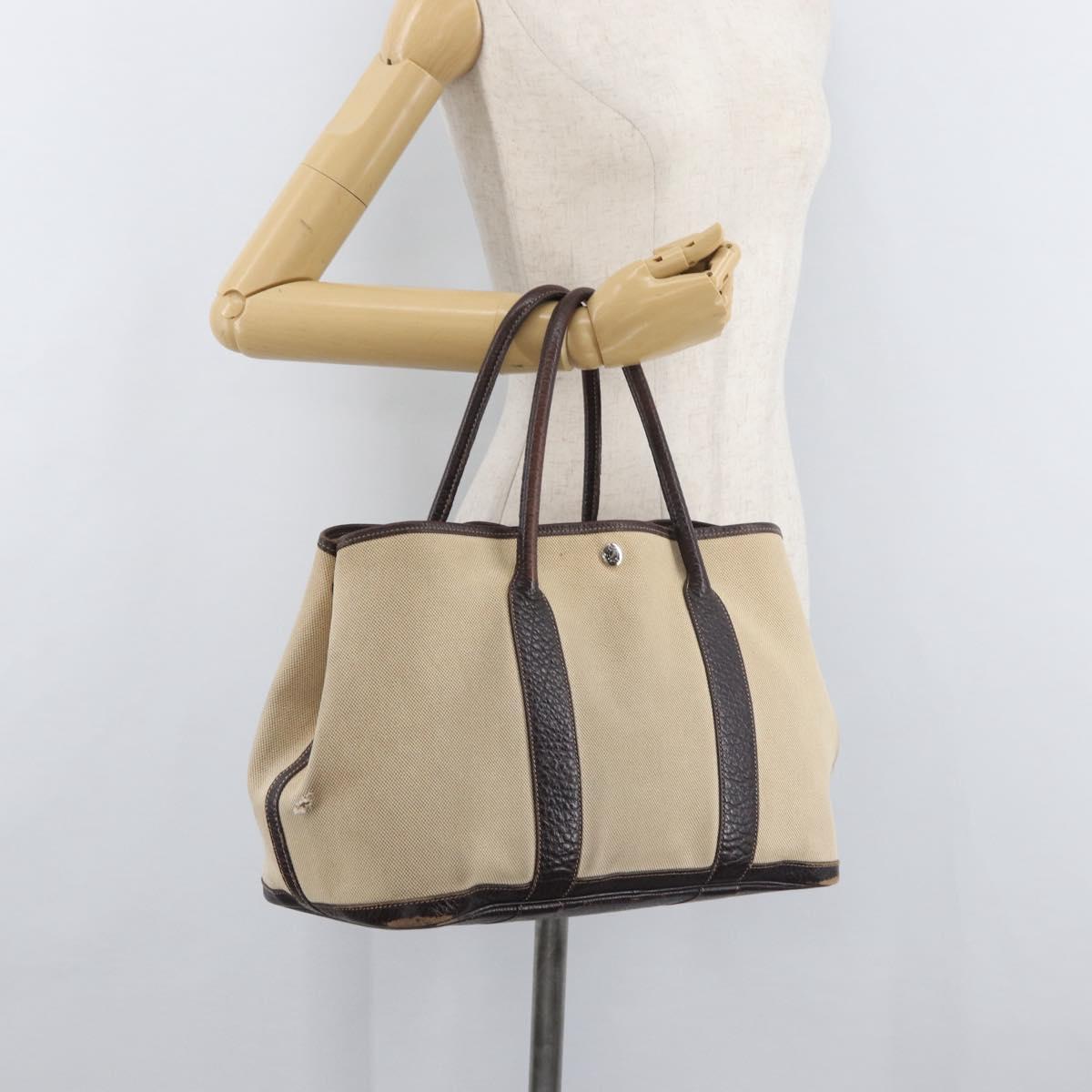 HERMES Tower Ash Garden Party MM Hand Bag Canvas Beige Silver Auth 180653