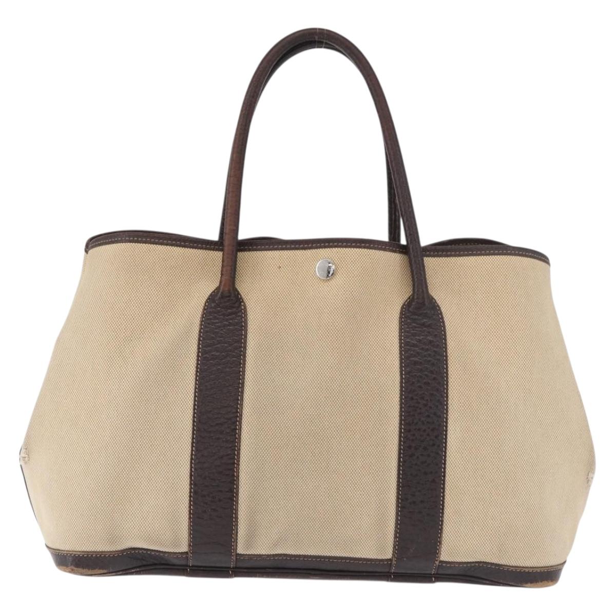 HERMES Tower Ash Garden Party MM Hand Bag Canvas Beige Silver Auth 180653