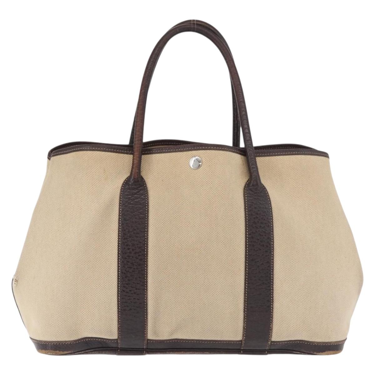 HERMES Tower Ash Garden Party MM Hand Bag Canvas Beige Silver Auth 180653