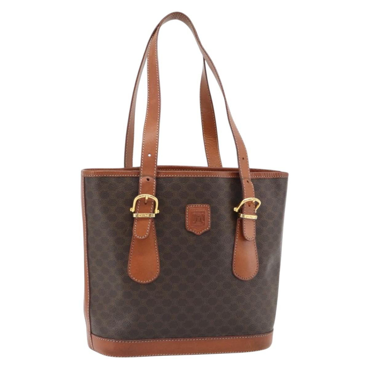 CELINE Macadam Canvas Tote Bag PVC Leather Brown Gold Auth 180666