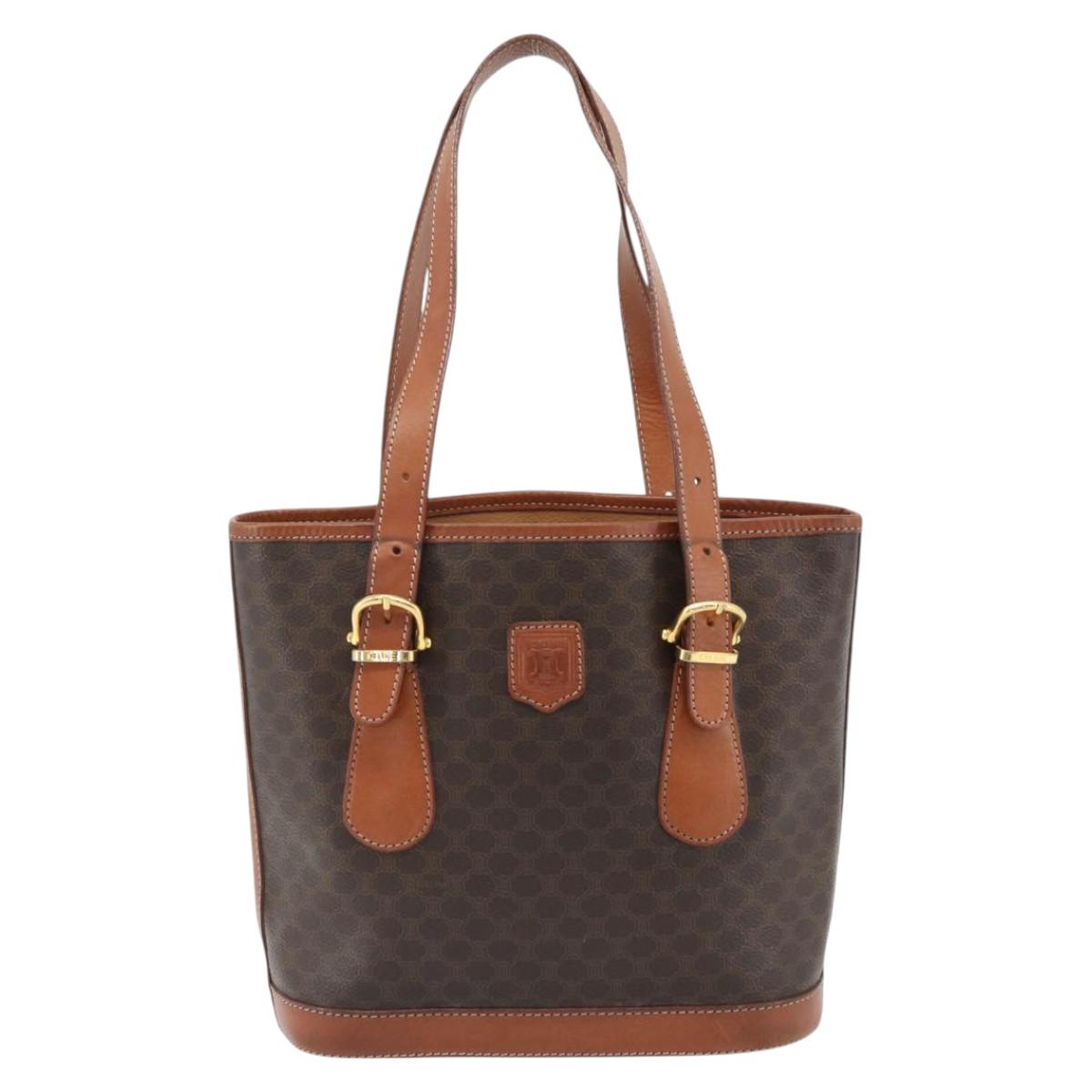 CELINE Macadam Canvas Tote Bag PVC Leather Brown Gold Auth 180666