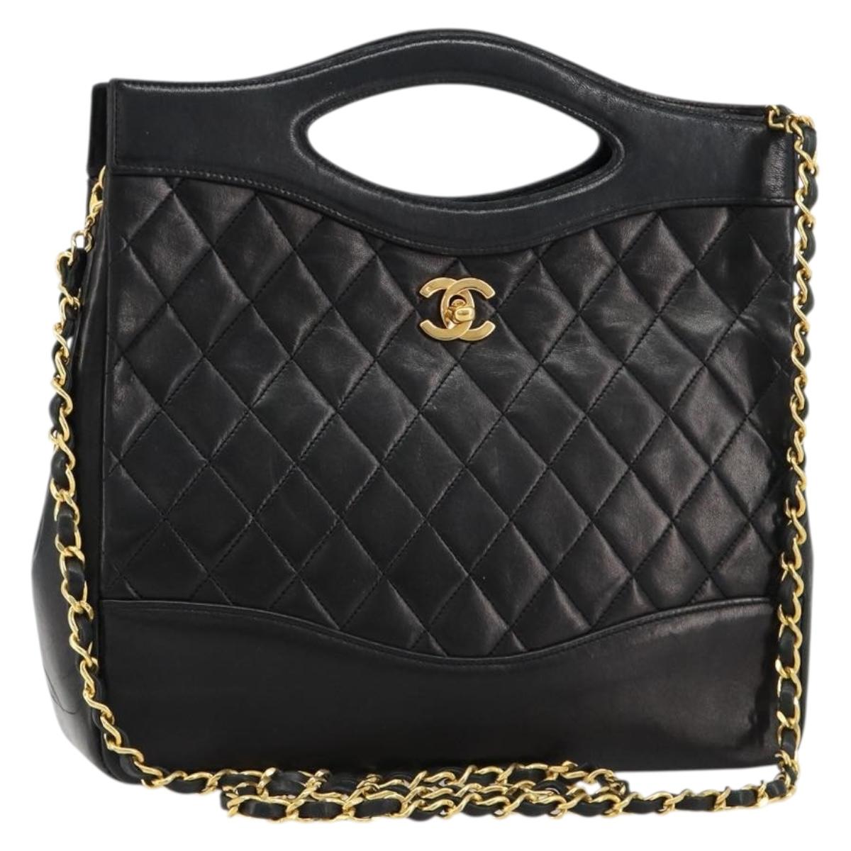 CHANEL Matelasse Hand Bag Lamb Skin 2way Black Gold CC Auth 180669A