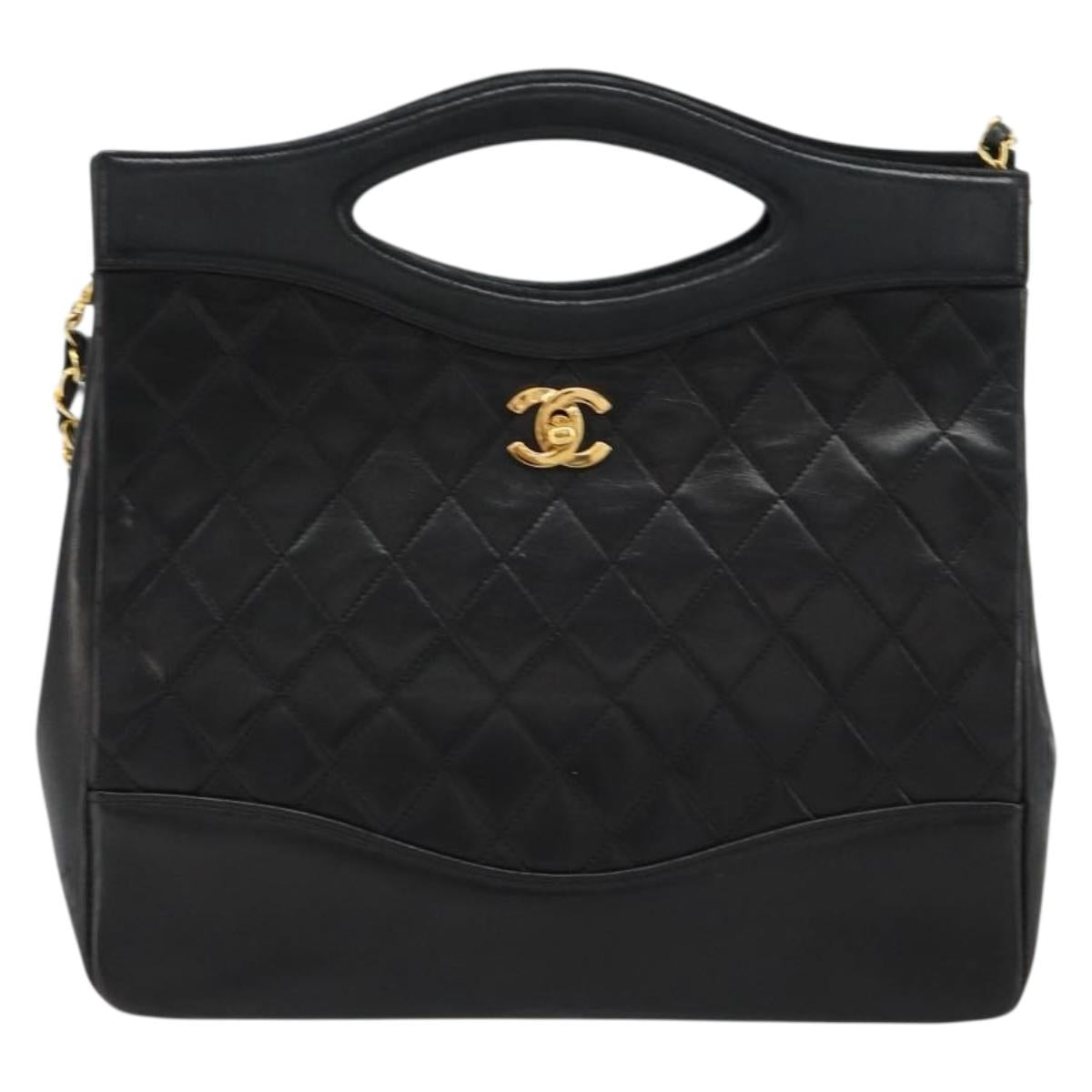 CHANEL Matelasse Hand Bag Lamb Skin 2way Black Gold CC Auth 180669A