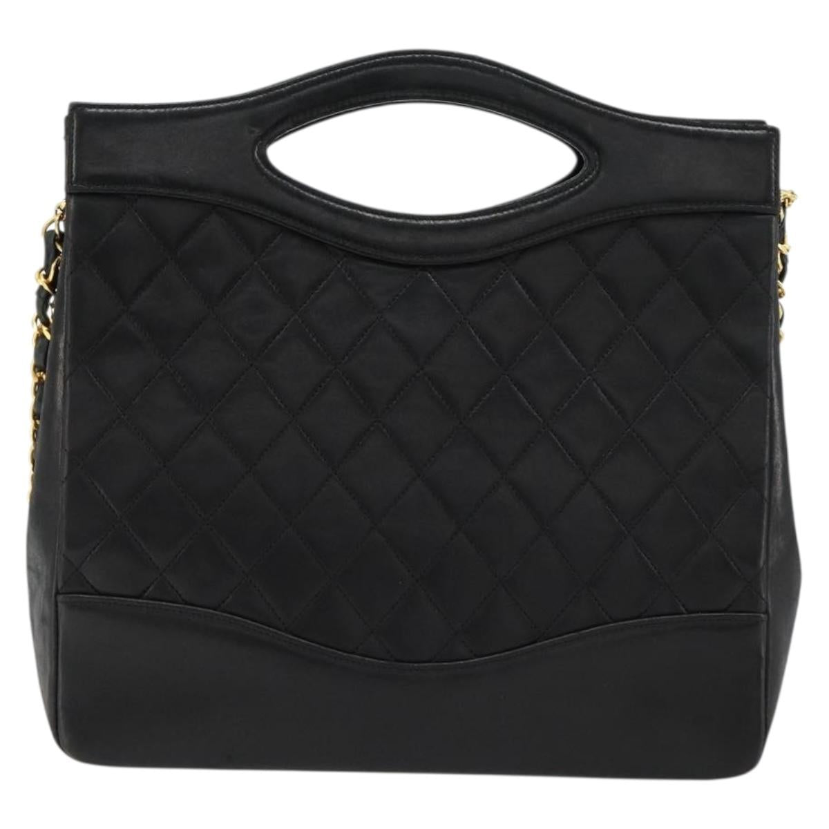 CHANEL Matelasse Hand Bag Lamb Skin 2way Black Gold CC Auth 180669A