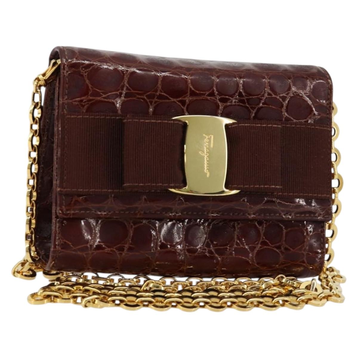 Salvatore Ferragamo Vara Ribbon Chain Bag Leather Bordeaux Gold Auth 180672