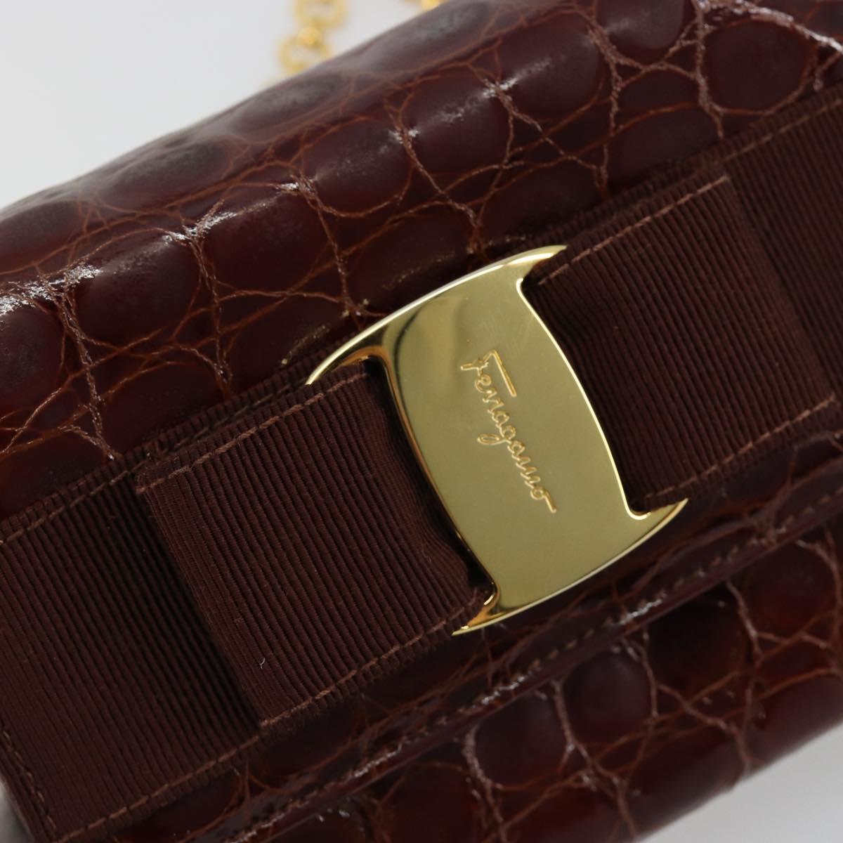 Salvatore Ferragamo Vara Ribbon Chain Bag Leather Bordeaux Gold Auth 180672