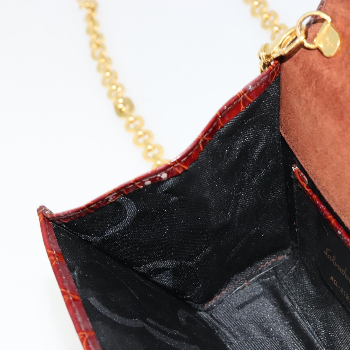 Salvatore Ferragamo Vara Ribbon Chain Bag Leather Bordeaux Gold Auth 180672