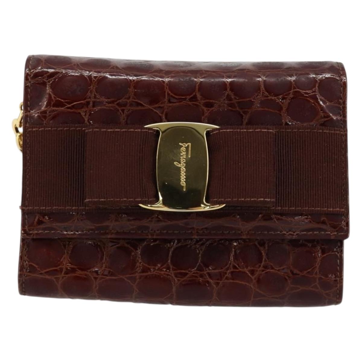 Salvatore Ferragamo Vara Ribbon Chain Bag Leather Bordeaux Gold Auth 180672