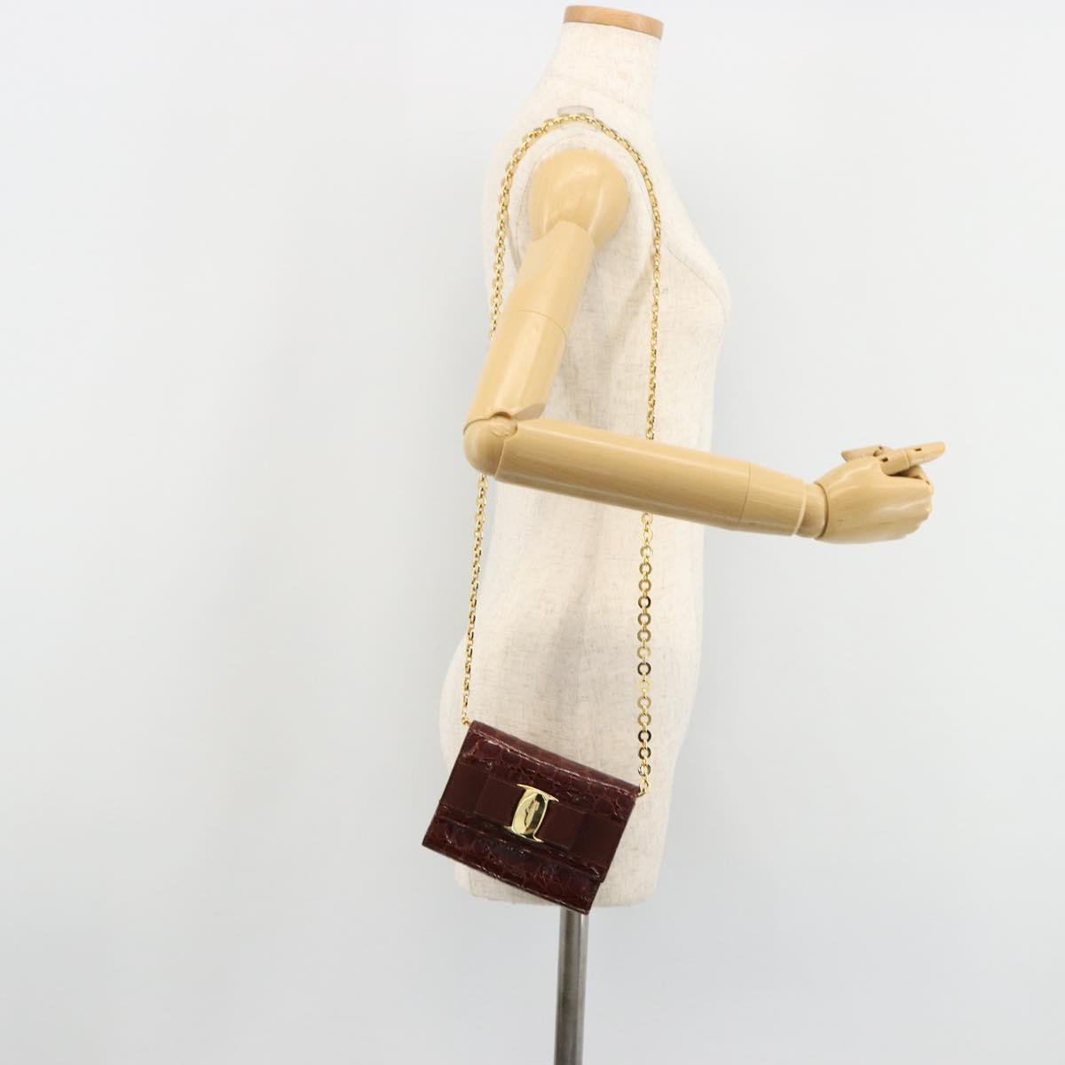 Salvatore Ferragamo Vara Ribbon Chain Bag Leather Bordeaux Gold Auth 180672