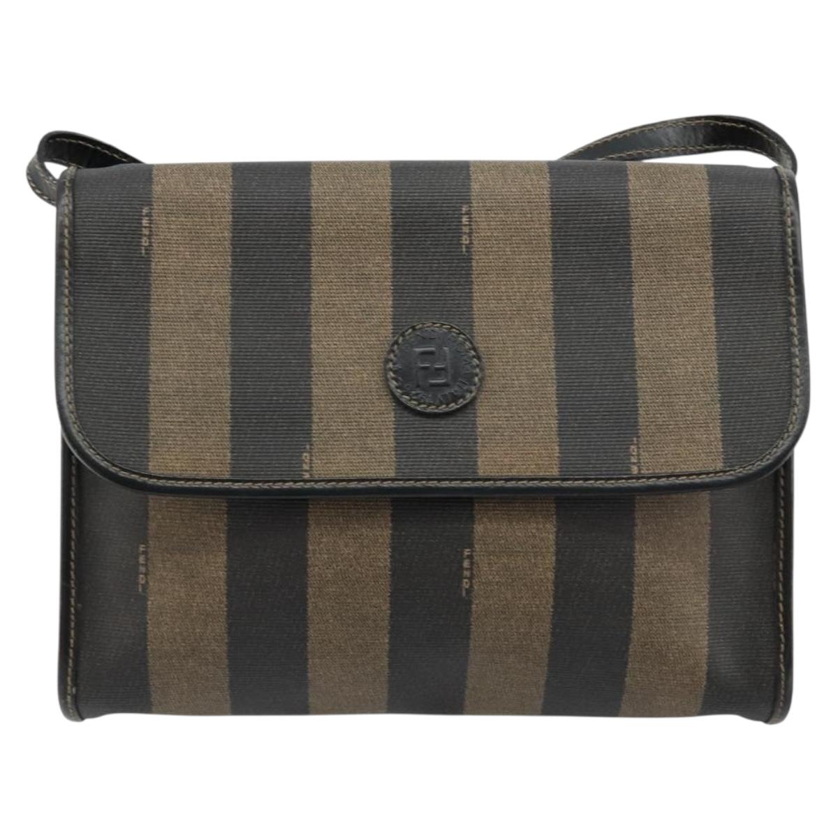 FENDI Pecan Canvas Shoulder Bag PVC Brown Black Auth 180678