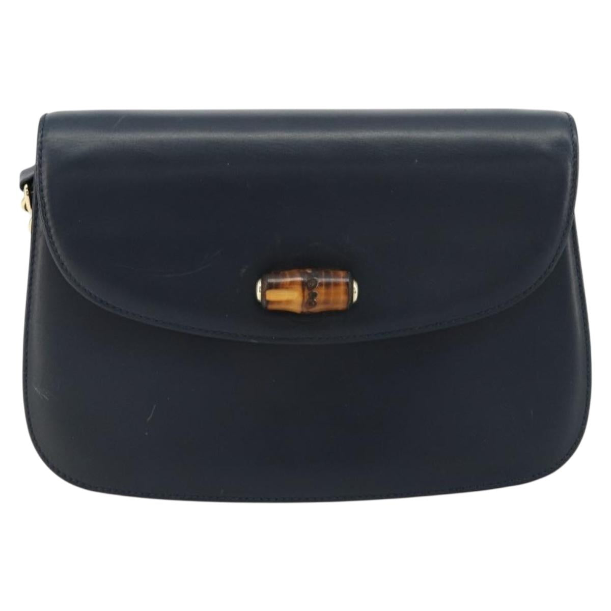 GUCCI Bamboo Chain Shoulder Bag Leather Navy Gold Auth 180679