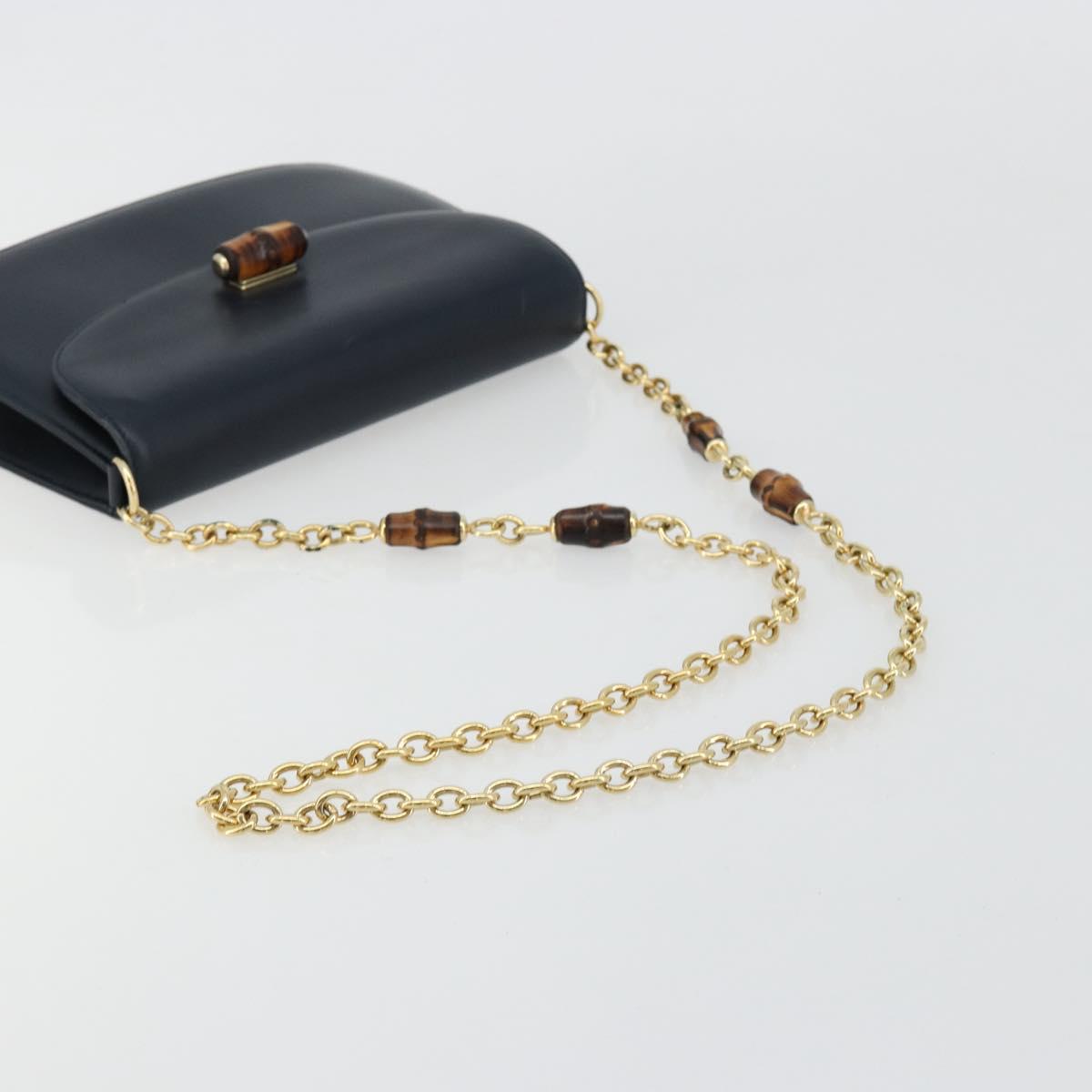 GUCCI Bamboo Chain Shoulder Bag Leather Navy Gold Auth 180679