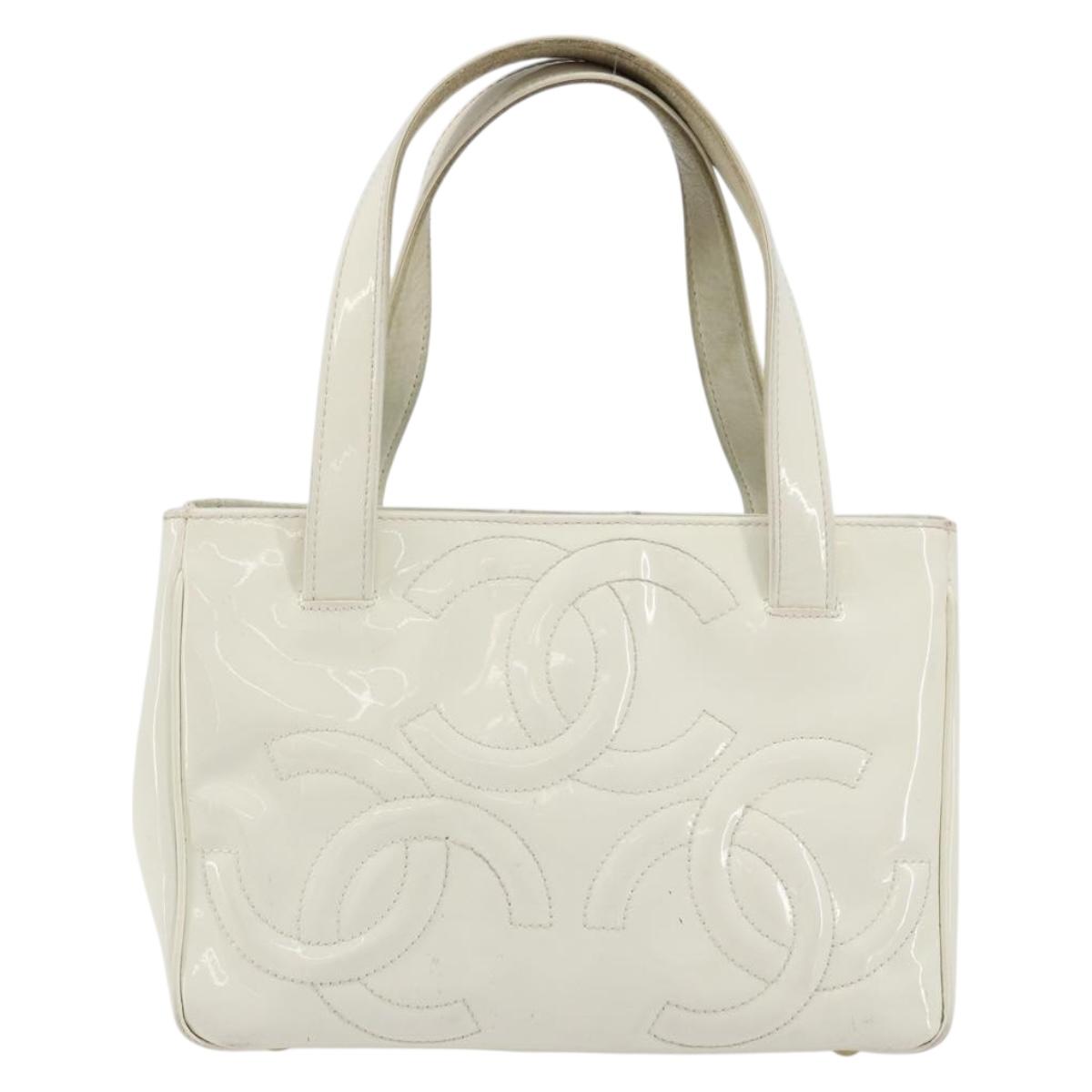 CHANEL Triple Coco Hand Bag Patent leather White CC Auth 180698
