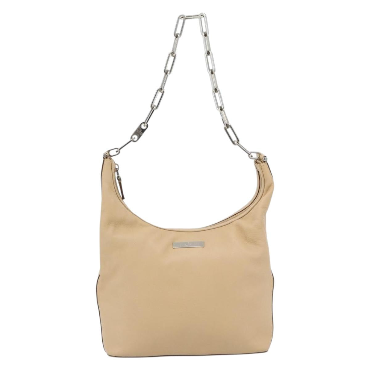 GUCCI Chain Shoulder Bag Leather Beige Silver Auth 180723