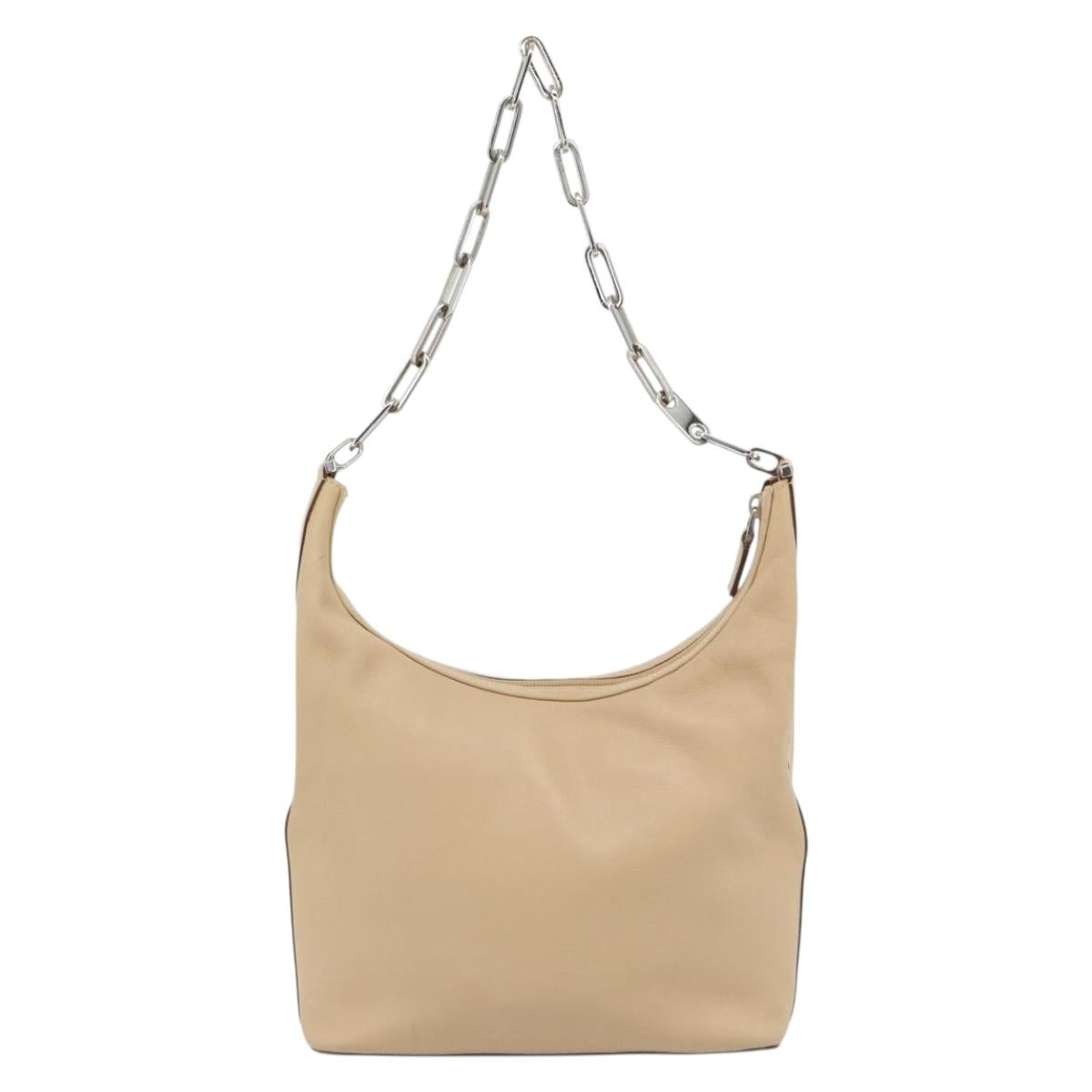 GUCCI Chain Shoulder Bag Leather Beige Silver Auth 180723