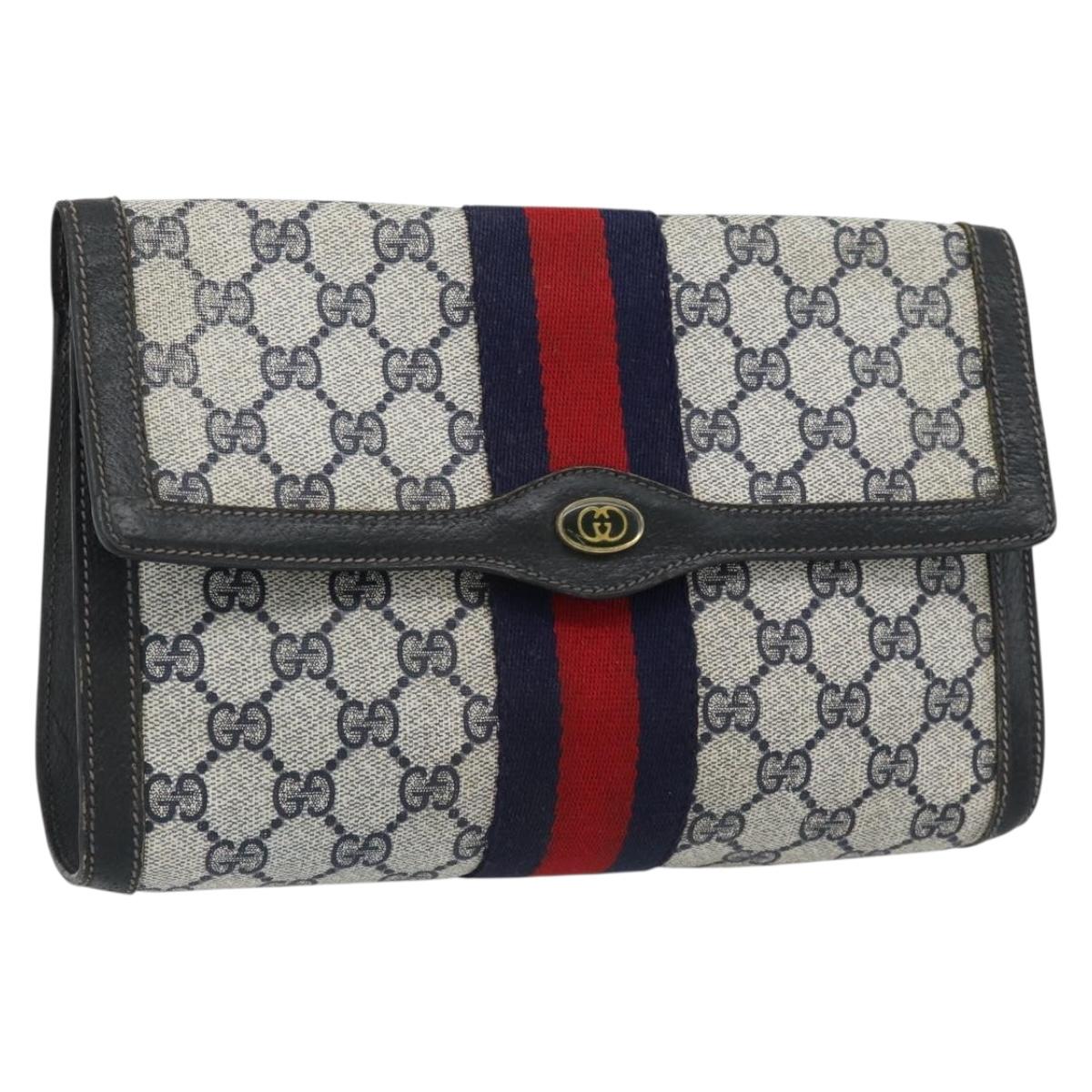 GUCCI GG Supreme Sherry Line Clutch Bag PVC Navy Red 89 01 006 Auth 180726