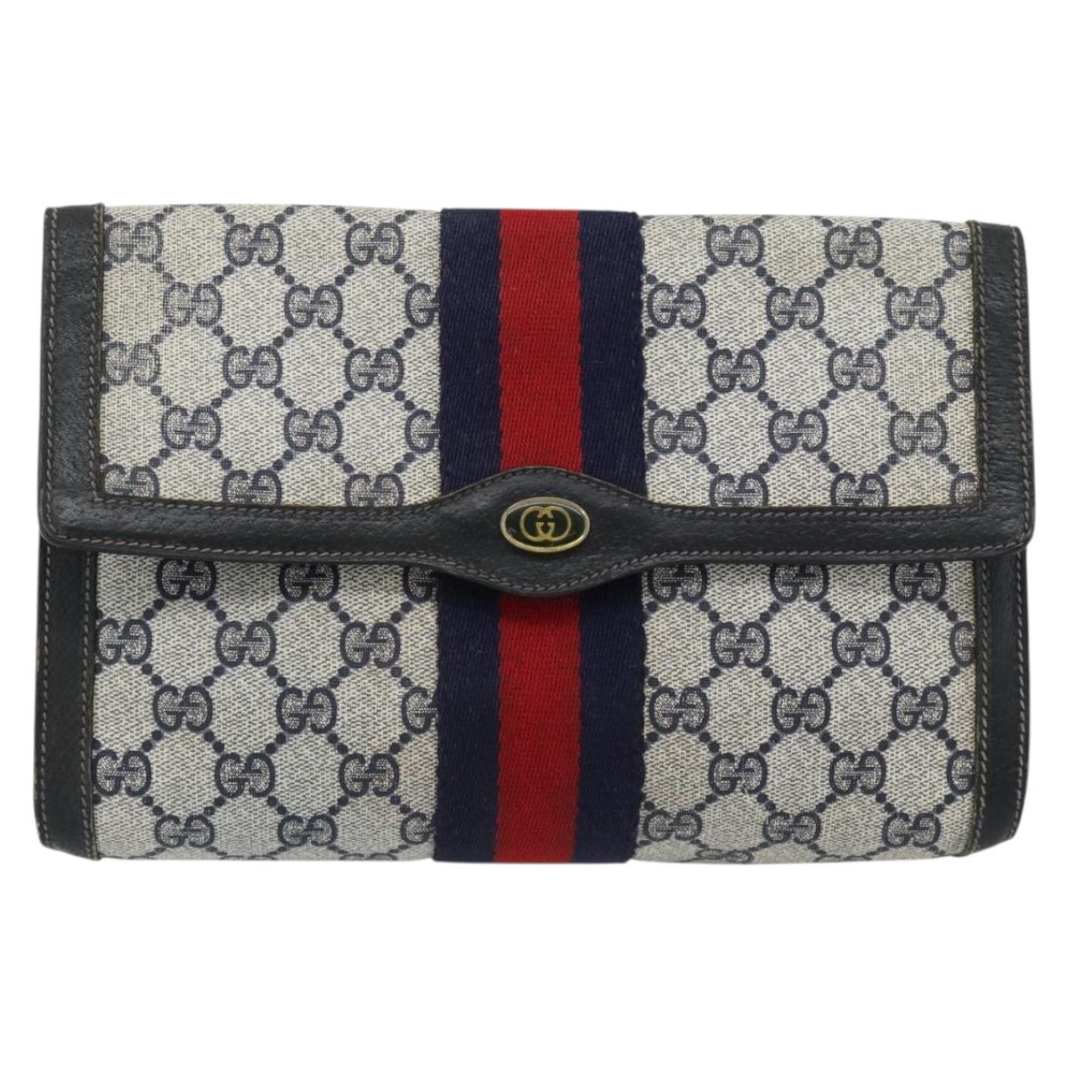 GUCCI GG Supreme Sherry Line Clutch Bag PVC Navy Red 89 01 006 Auth 180726