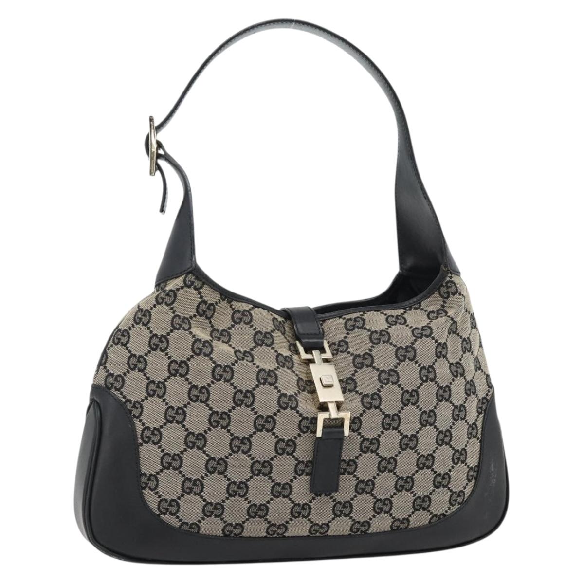 GUCCI GG Canvas Jackie Shoulder Bag Black Gold beige 001 3306 Auth 180735A