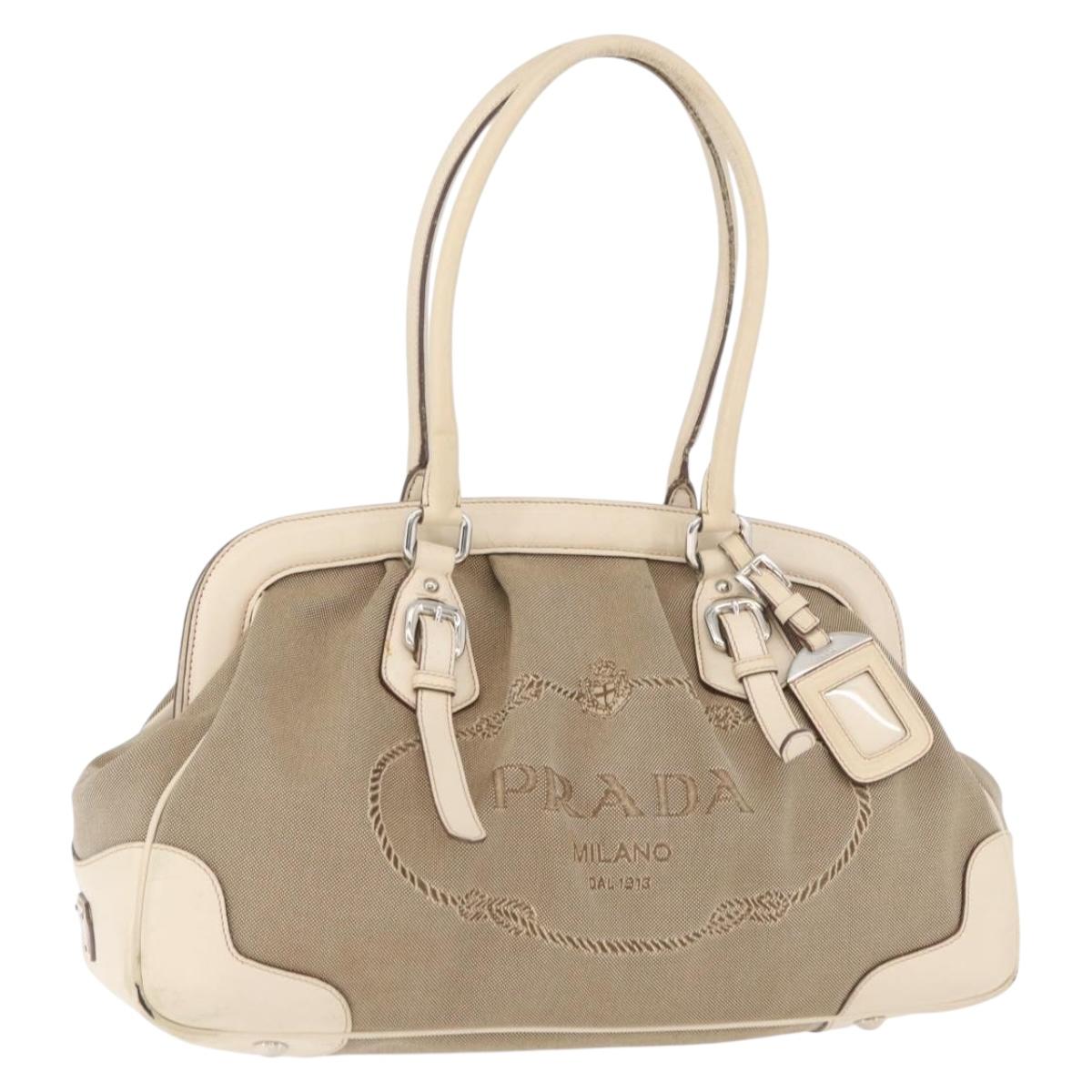 PRADA Hand Bag Jacquard Beige Silver Auth 180750