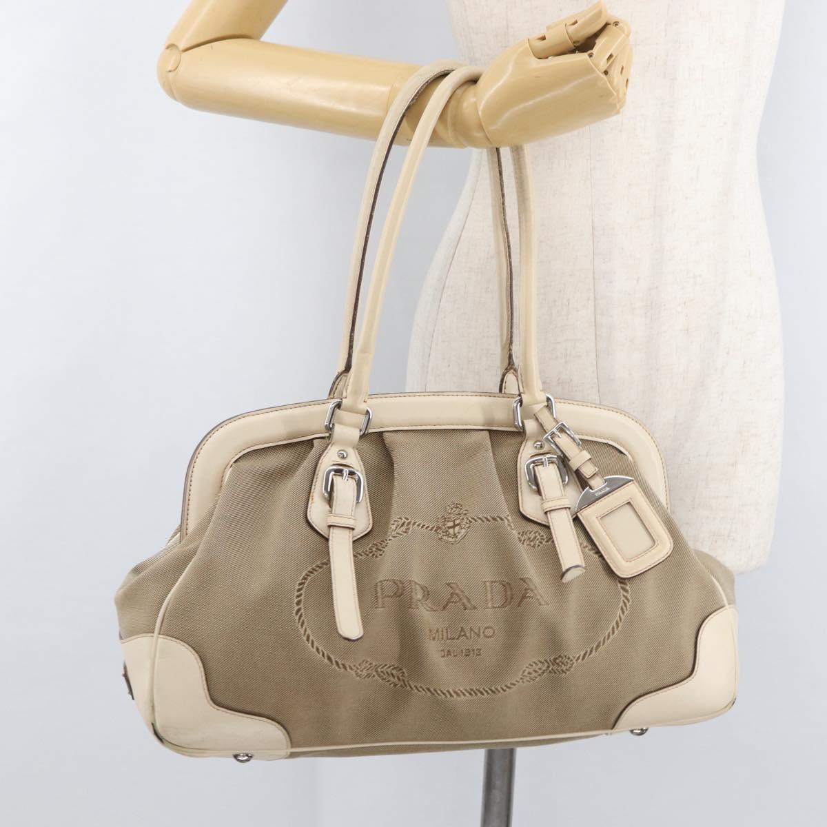 PRADA Hand Bag Jacquard Beige Silver Auth 180750