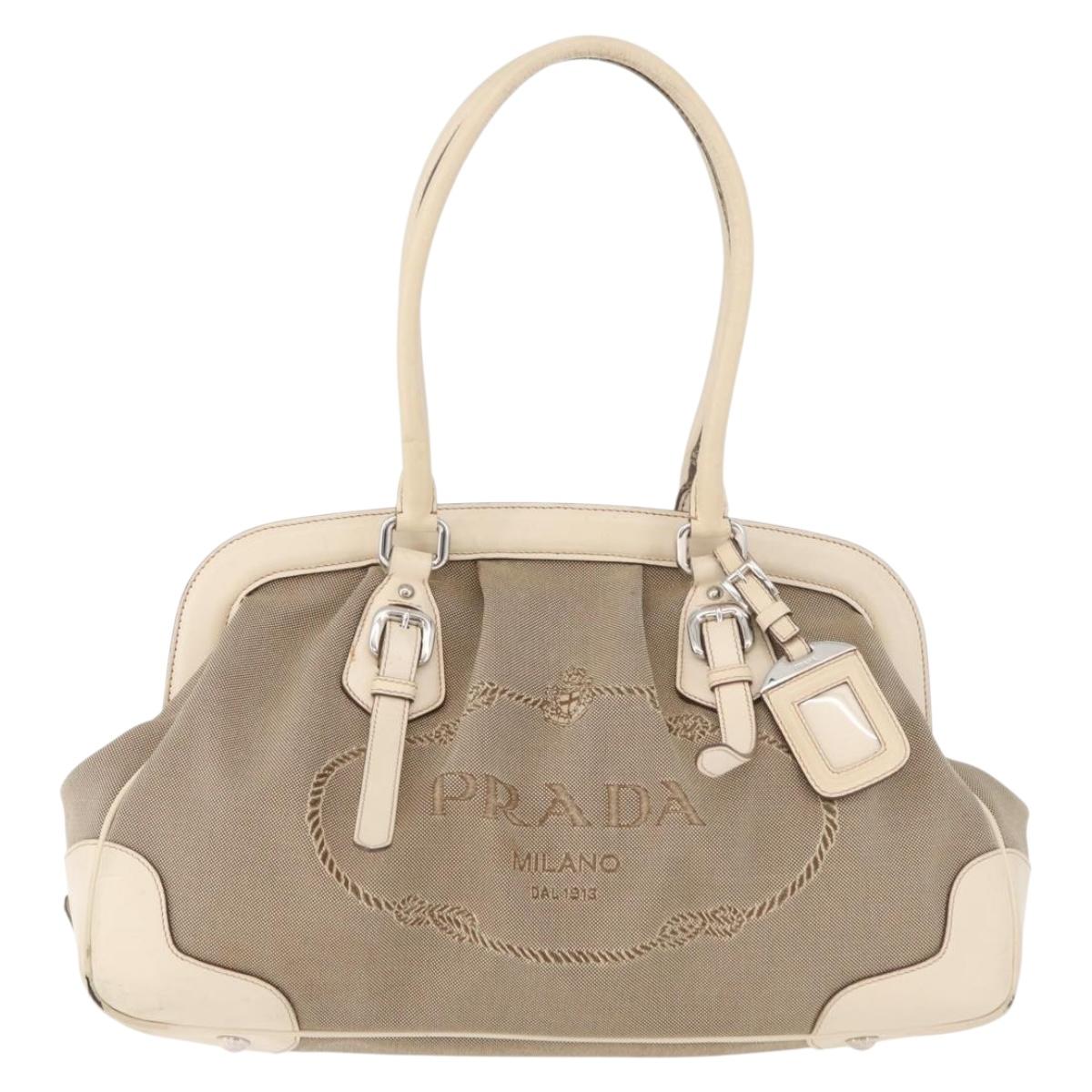 PRADA Hand Bag Jacquard Beige Silver Auth 180750