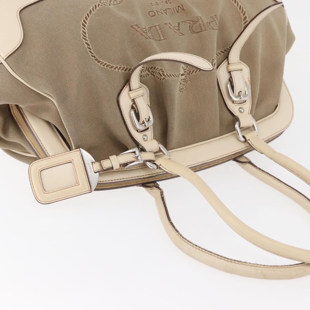 PRADA Hand Bag Jacquard Beige Silver Auth 180750