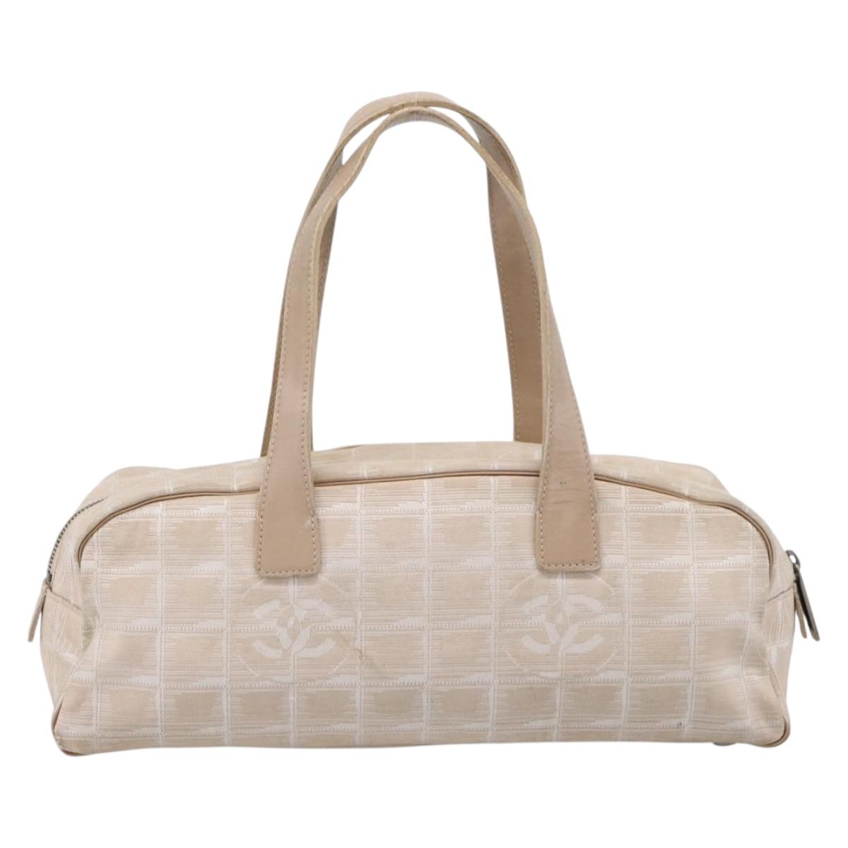 CHANEL New Travel Line Hand Bag Nylon Beige Silver CC Auth 180753