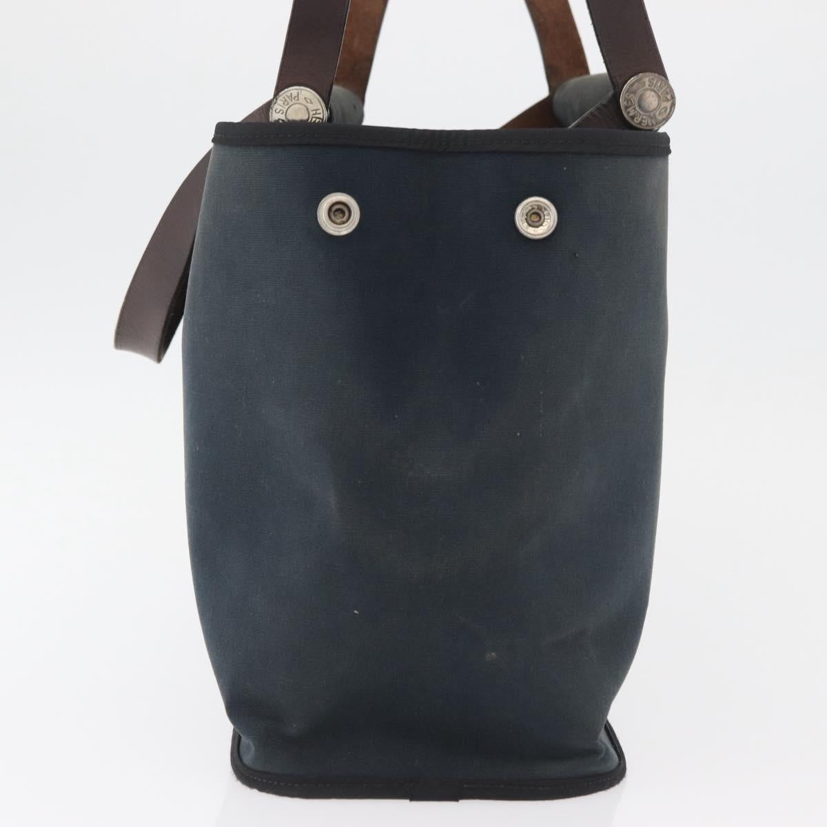 HERMES Cabak Elan Hand Bag Canvas Silver Navy Auth 180754