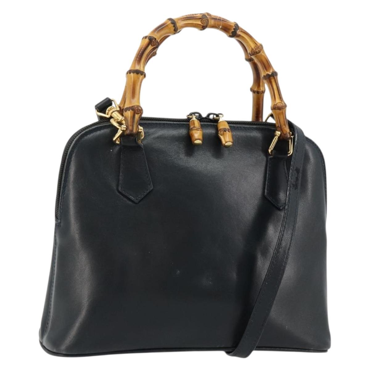 GUCCI Bamboo Hand Bag Leather 2way Navy Gold 000 2865 0290 Auth 180796