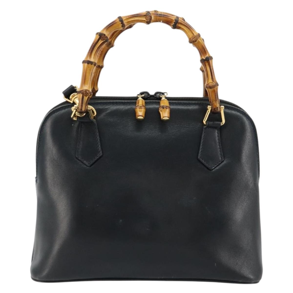 GUCCI Bamboo Hand Bag Leather 2way Navy Gold 000 2865 0290 Auth 180796
