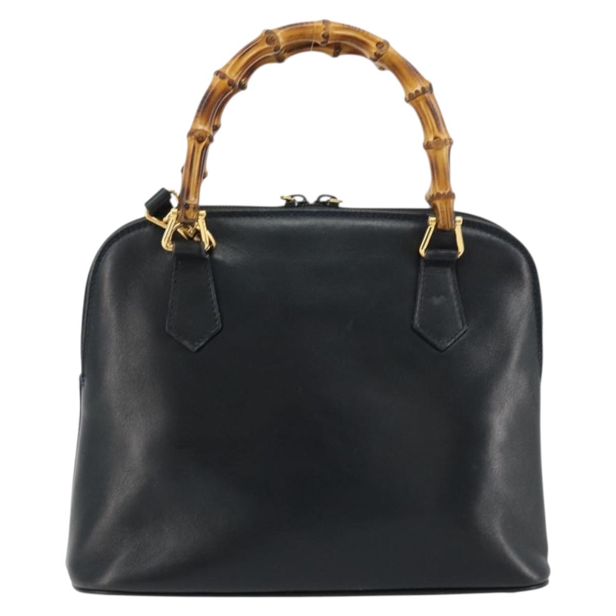 GUCCI Bamboo Hand Bag Leather 2way Navy Gold 000 2865 0290 Auth 180796