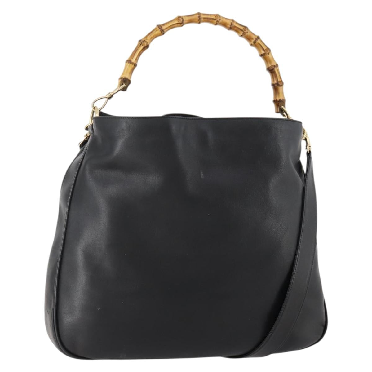 GUCCI Bamboo Shoulder Bag Leather 2way Black Gold 001 1577 Auth 180801