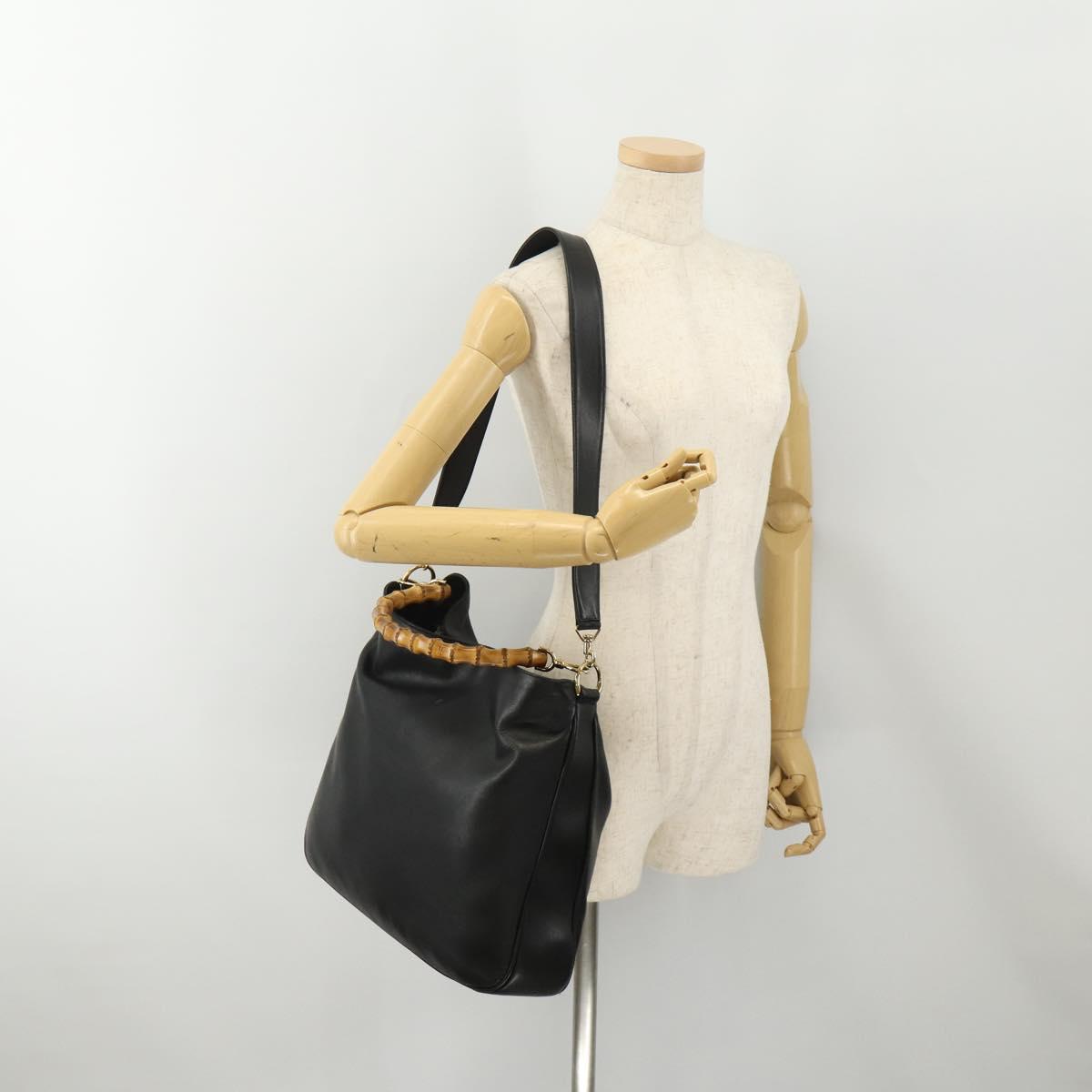 GUCCI Bamboo Shoulder Bag Leather 2way Black Gold 001 1577 Auth 180801