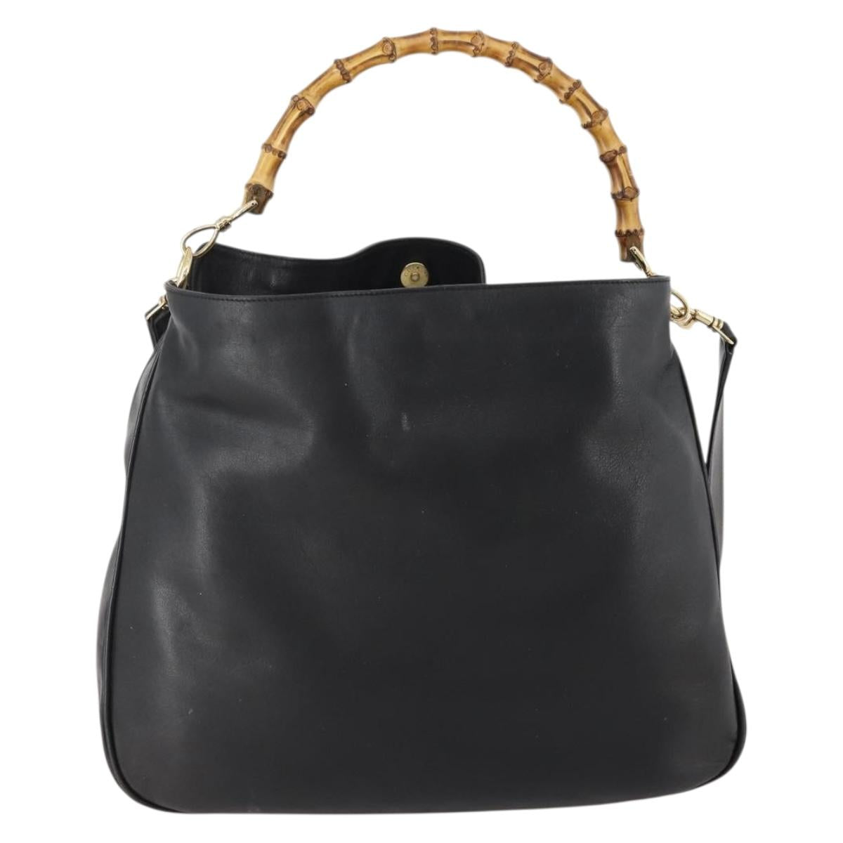 GUCCI Bamboo Shoulder Bag Leather 2way Black Gold 001 1577 Auth 180801