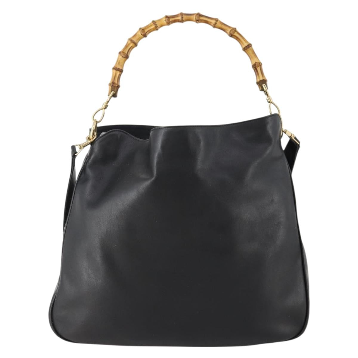 GUCCI Bamboo Shoulder Bag Leather 2way Black Gold 001 1577 Auth 180801