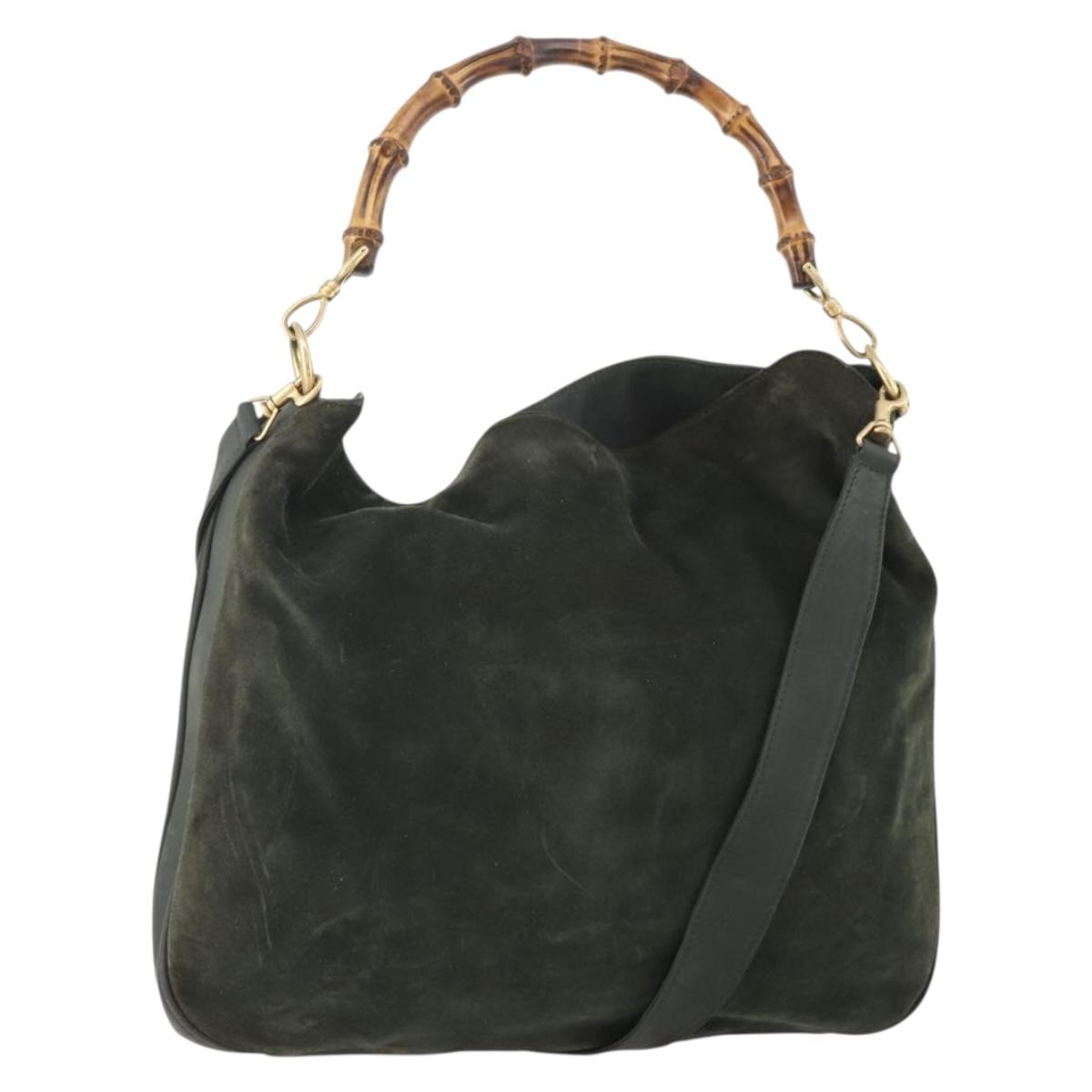 GUCCI Bamboo Shoulder Bag Suede 2way Khaki Gold Auth 180802